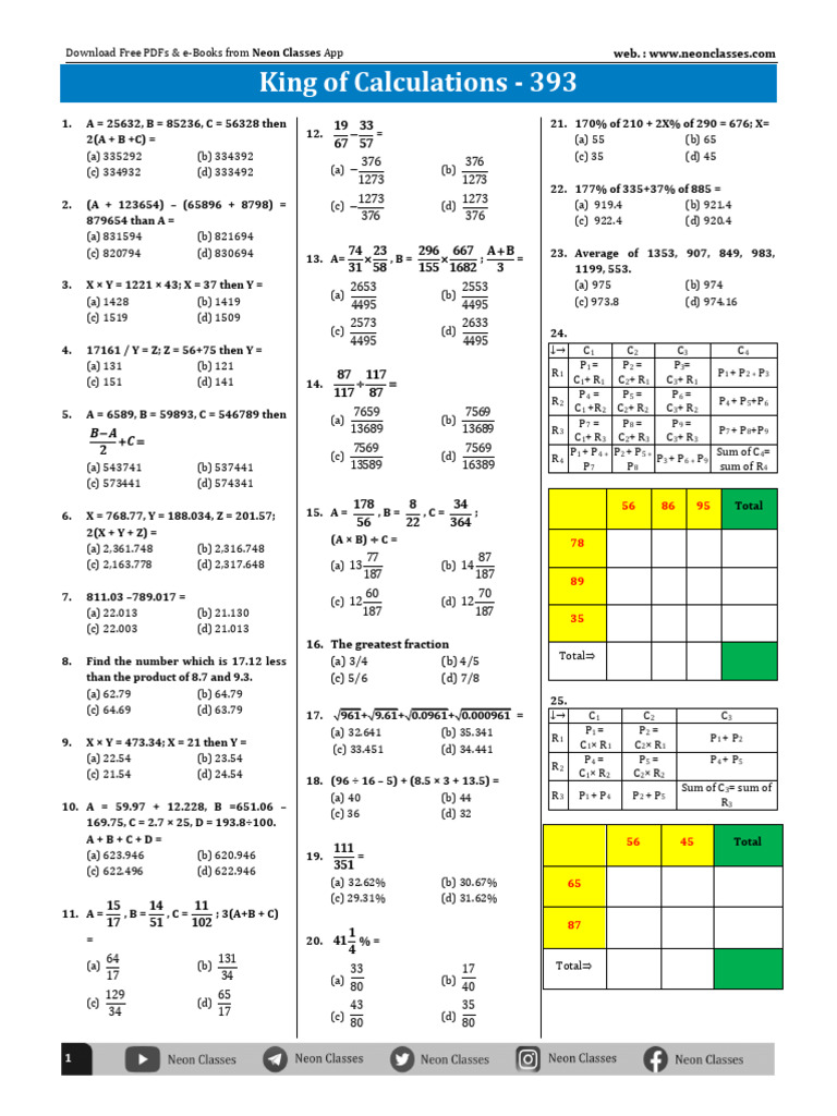 King of Calculations Sheet - 393 | PDF