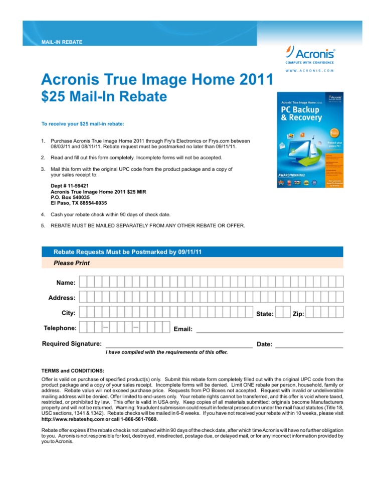 Acronis True Image Home 2011: $25 Mail-In Rebate | PDF | Law
