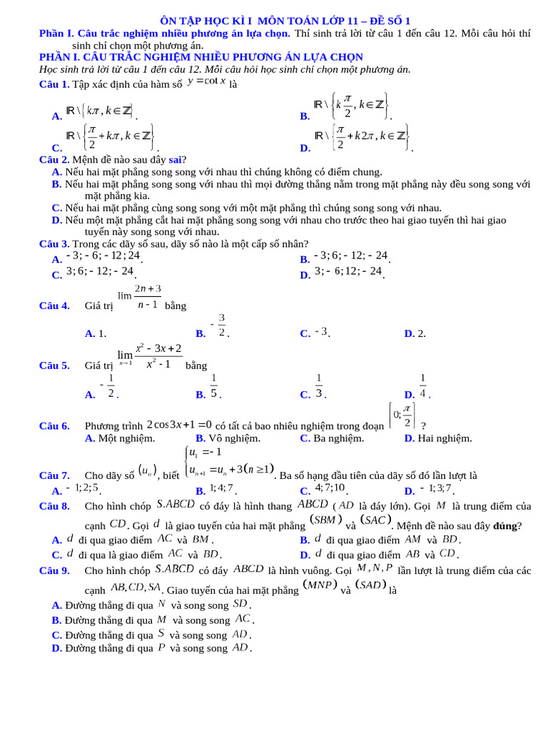 On Tap Cuoi HK1 - de So 1 | PDF