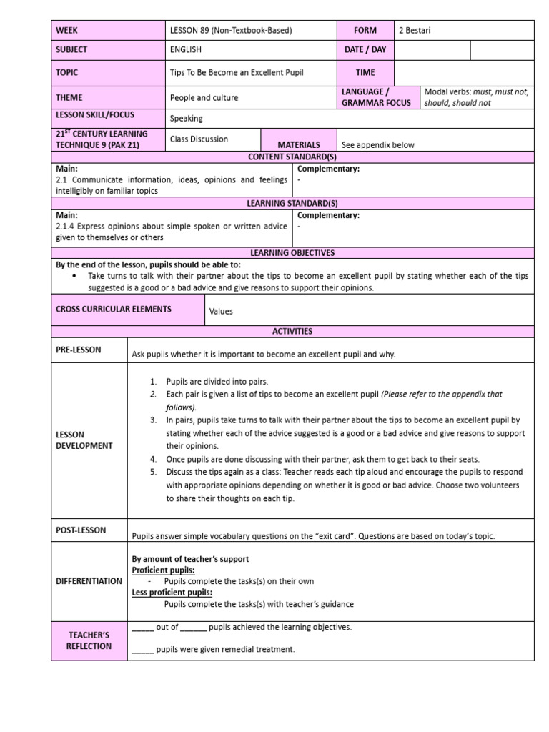 Latest Form 2 Lesson Plan Cefr KSSM English Daily Lesson Plan RPH ...