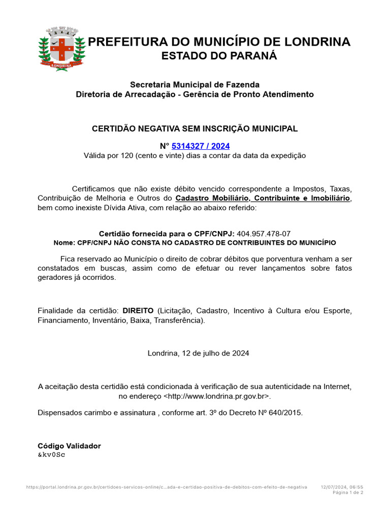 Certidão Negativa Municipal Londrina | PDF