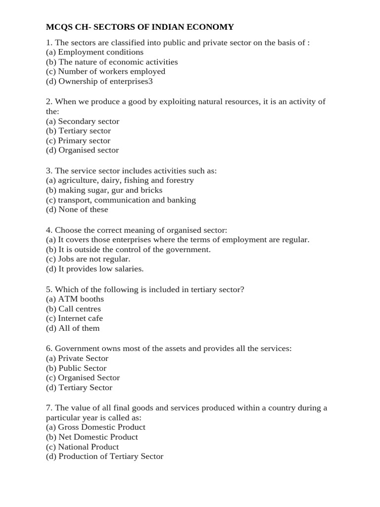 MCQS CH Sectors of Indian Economy | PDF | Gross Domestic Product ...