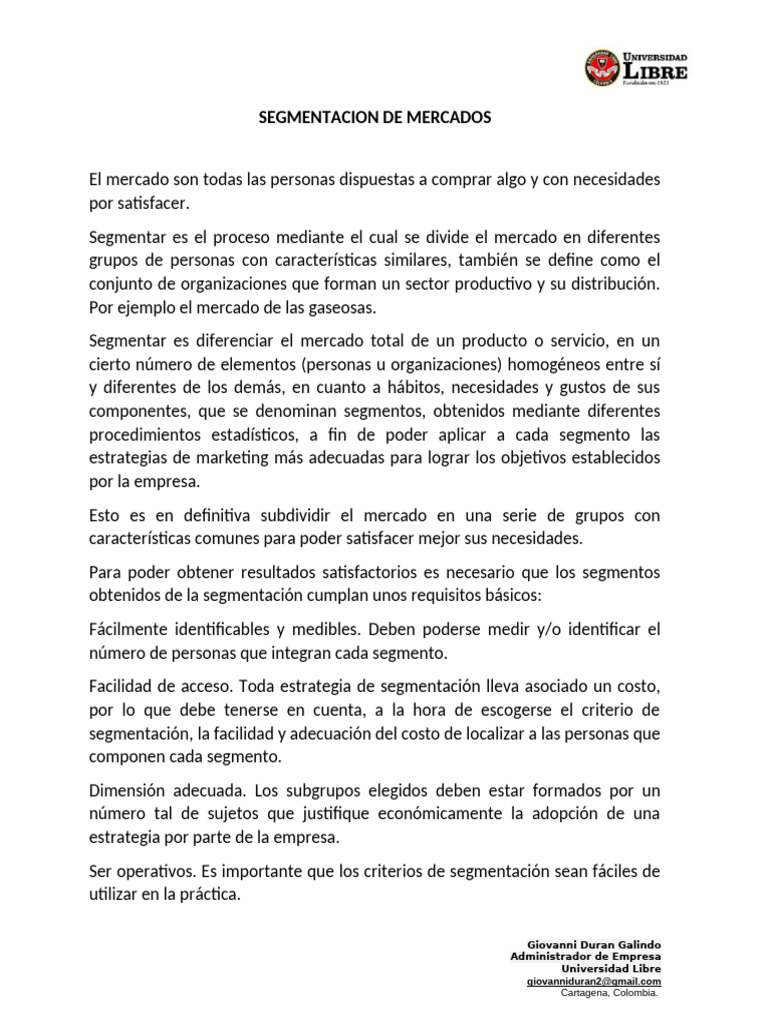 Segmentacion de Mercados | PDF | Producto (Negocio) | Mercado (economía)