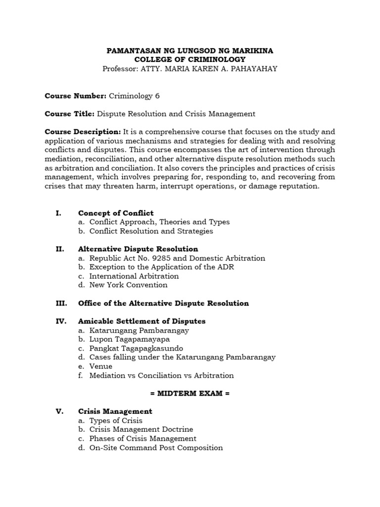 Dispute Resolution & Crisis Management Course | PDF | Alternative ...