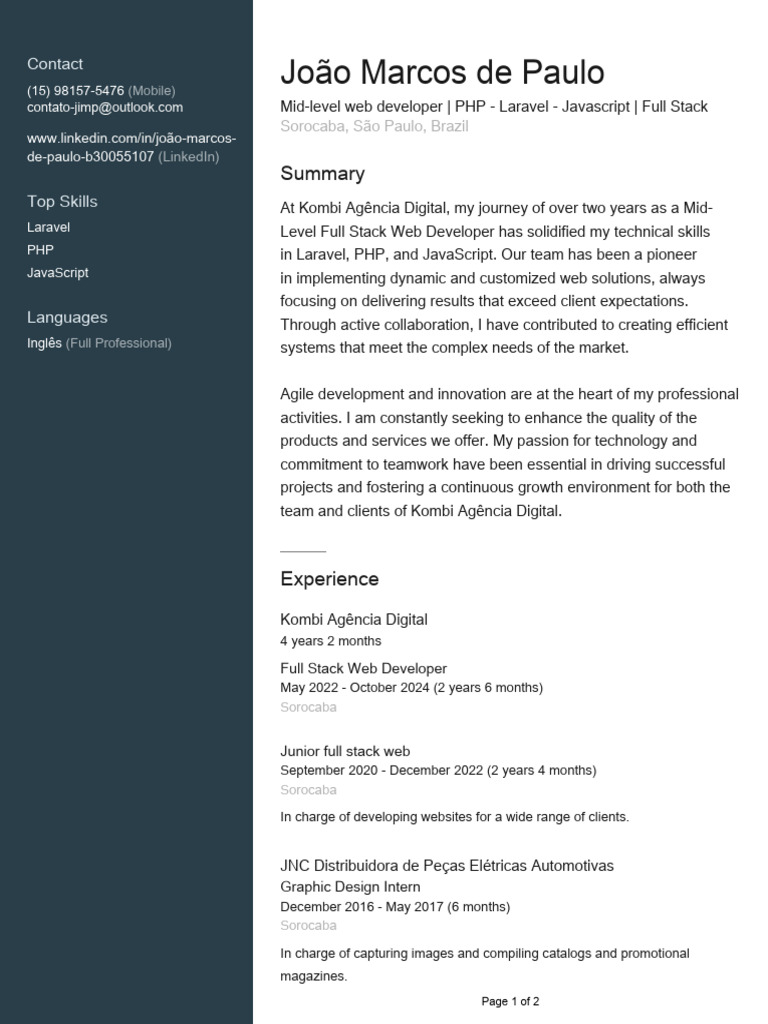 Mid-Level Full Stack Developer Profile | PDF | Information Technology ...