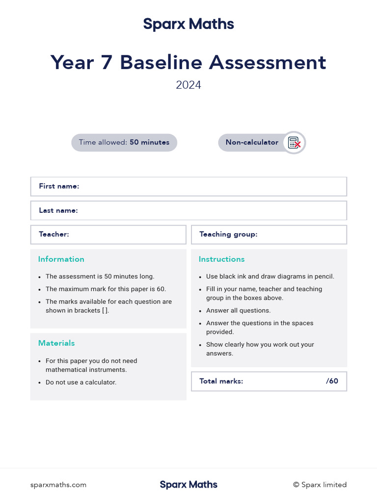 Year 7 Maths Baseline Assessment 2024 | PDF | Arithmetic | Mathematics
