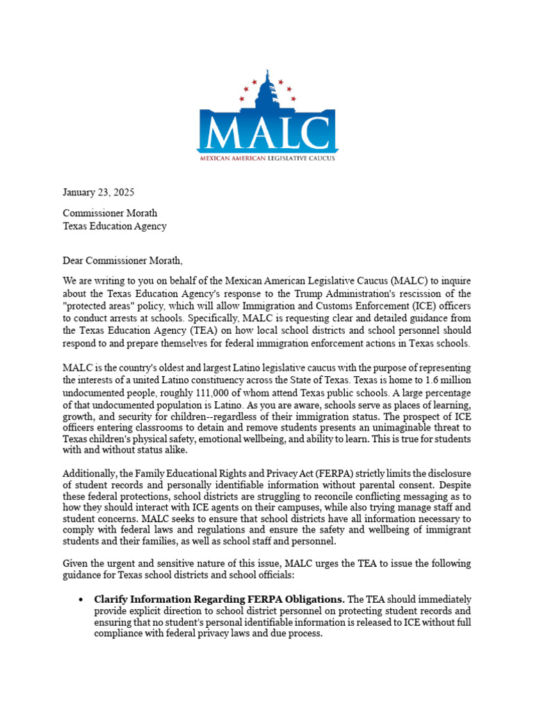 MALC Urges TEA on ICE Policies in Schools | PDF | U.S. Immigration And ...