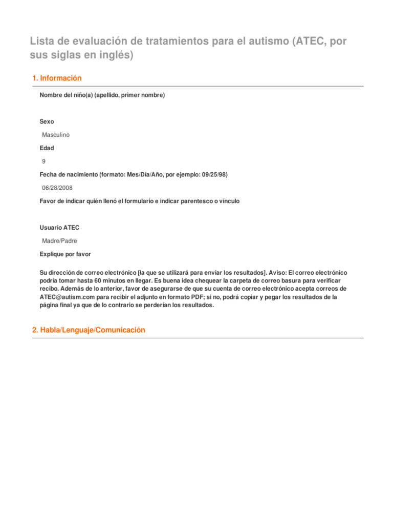 Evaluación ATEC para Tratamientos de Autismo | PDF | Sicología