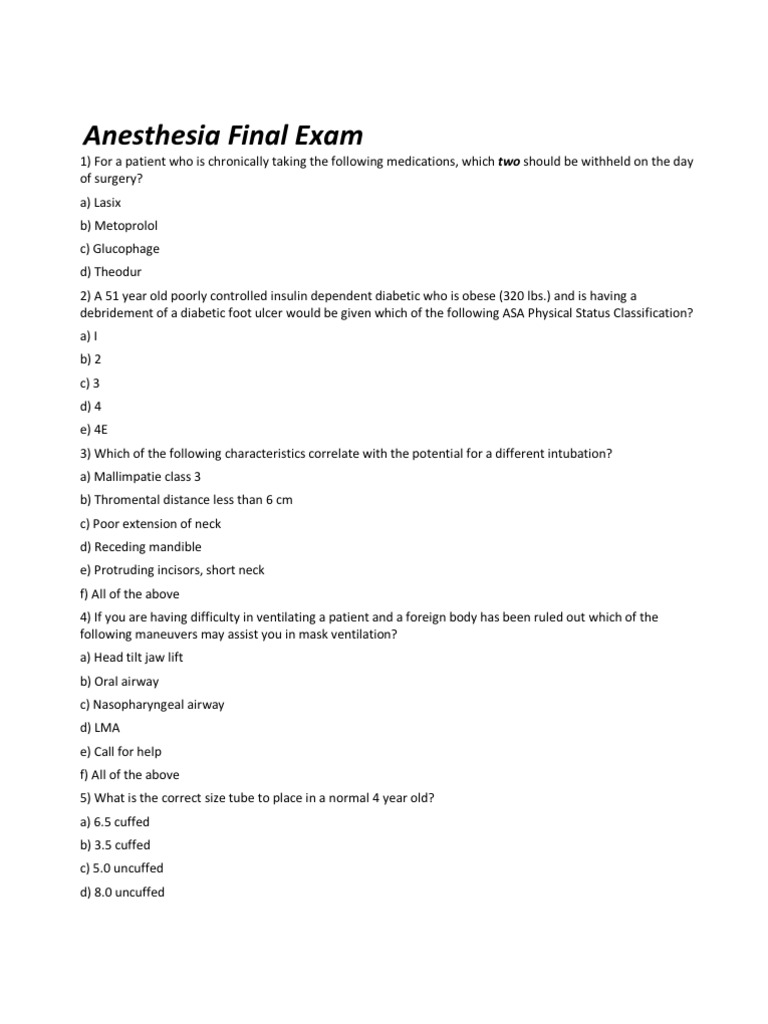 Anesthesia Final Exam Anesthesia Medical Specialties