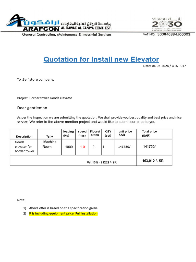 Elevator Installation Quotation for Border Tower | PDF | Elevator