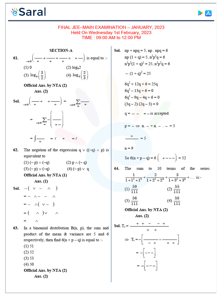 JEE Main January 2023 Exam Solutions | PDF | Elementary Geometry ...
