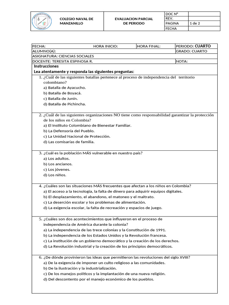 Evaluación de Ciencias Sociales Cuarto Grado | PDF | Colombia | Francia