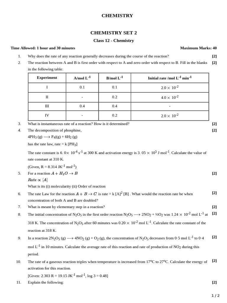 Class 12 Chemistry Reaction Rates Exam | PDF | Chemical Reactions ...