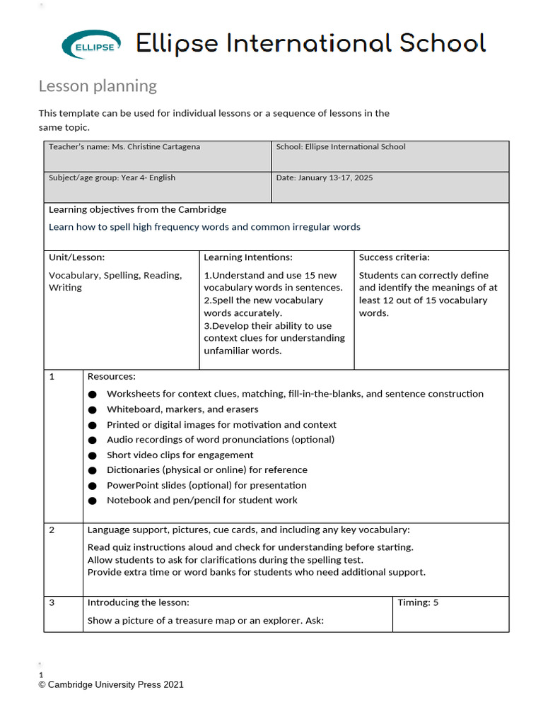 Year 4 - English Lesson Plan | PDF | Vocabulary | English Language