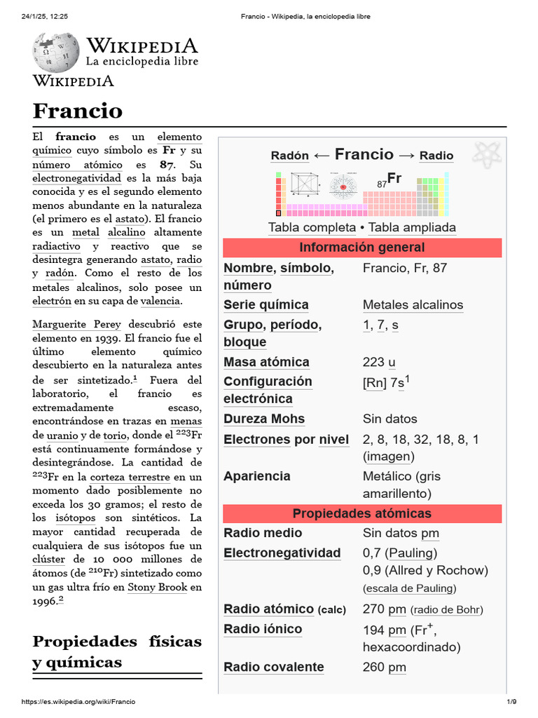 Francio: Elemento Químico Radiactivo | PDF | Átomos | Química