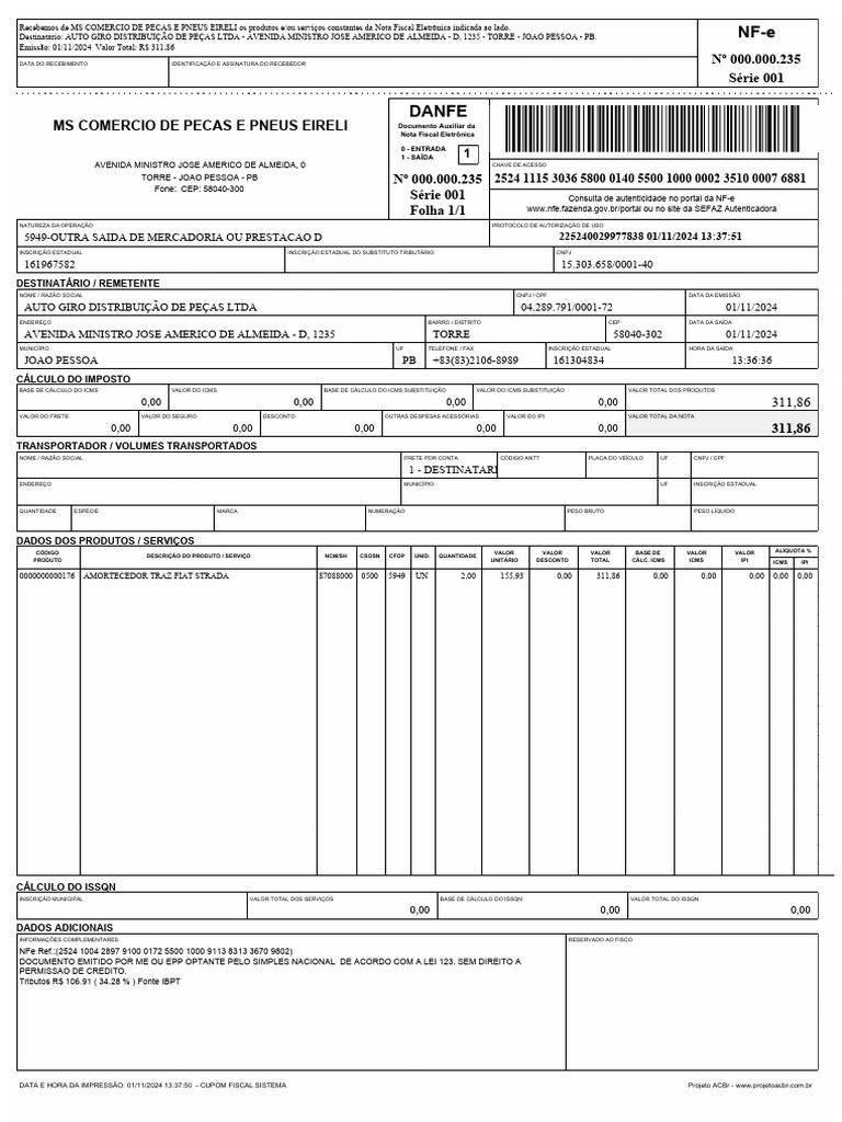 Nota Fiscal Eletrônica - Auto Giro Peças | PDF | Recibo