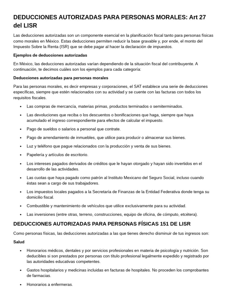 Deducciones Fiscales para Personas Morales | PDF | Impuesto al valor ...