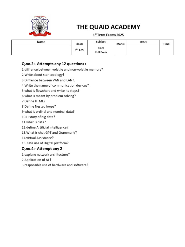 2025 9th APS Com Exam Questions | PDF