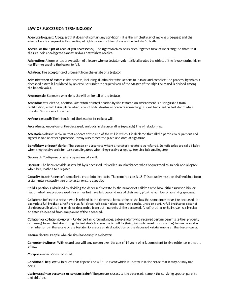 Law of Succession Terminology Guide | PDF | Will And Testament ...