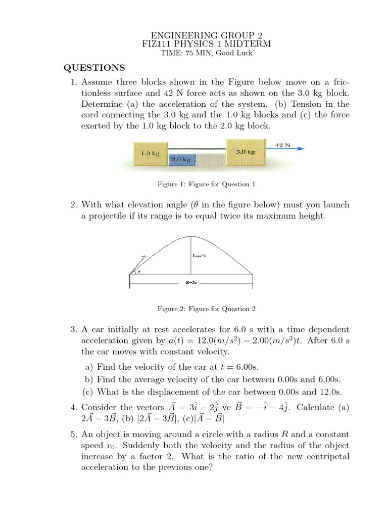 Physics 1 Midterm Exam Questions | PDF
