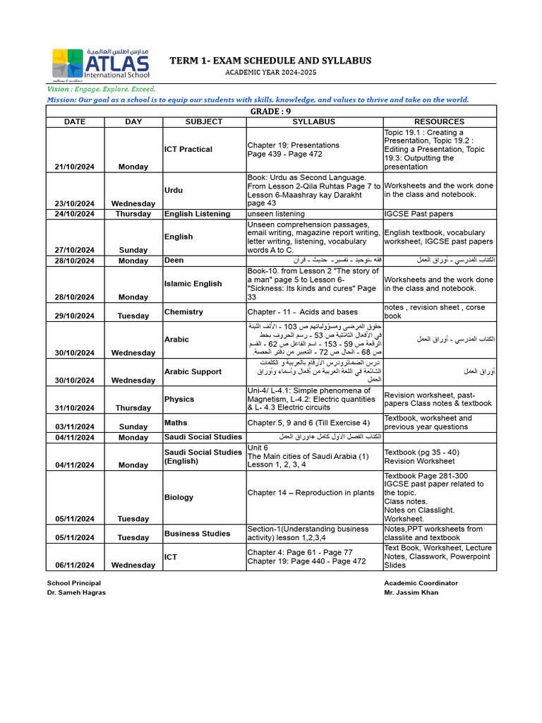 Grade 9 Term 1 Exam Schedule 2024 | PDF | Worksheet