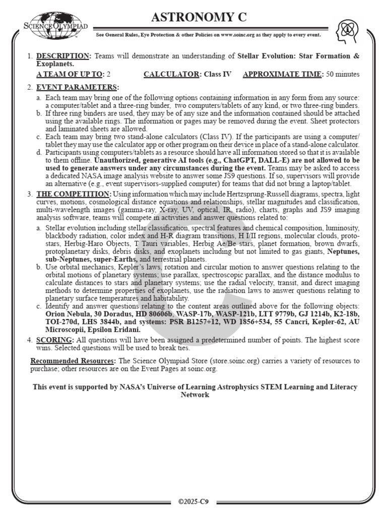 Astronomy C Rules for 2025 Science Olympiad | PDF | Exoplanet | Stars