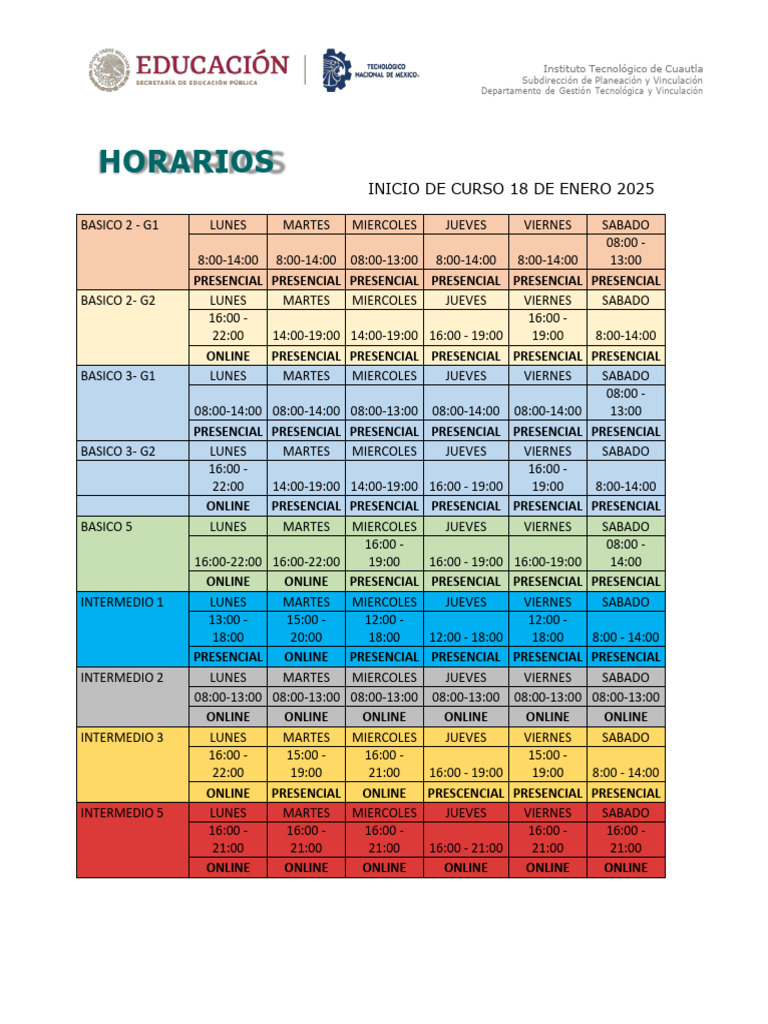 Horarios y Registro Cursos Inglés 2025 | PDF