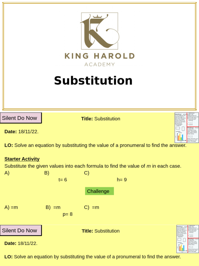 Substitution in Equations Practice | PDF | Classroom | Learning