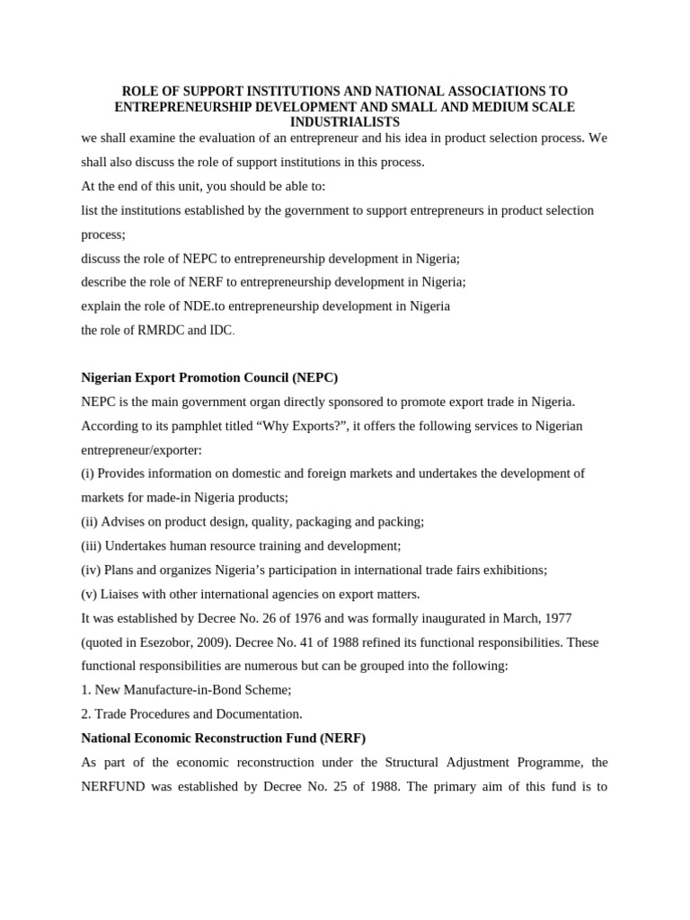 Role of Support Institutions and National Associations To ...