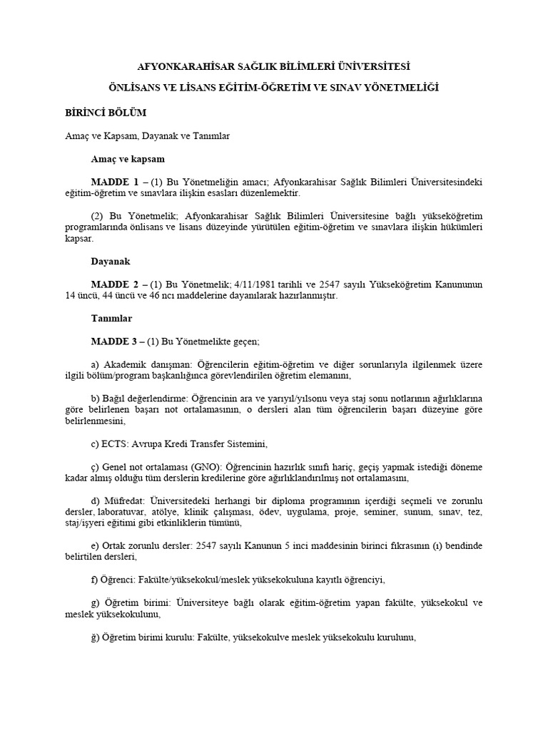 Afsu Önlisans Ve Lisans Yönetmelik | PDF