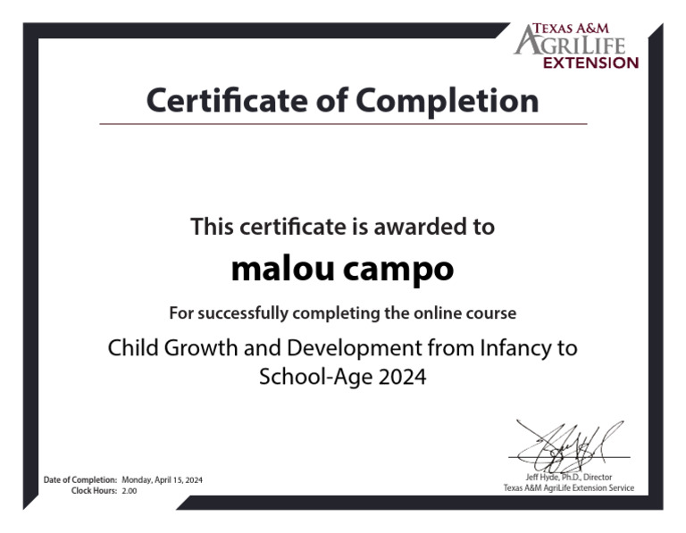 Certificate - Clock Hours022 2024 Child Growth and Development From ...
