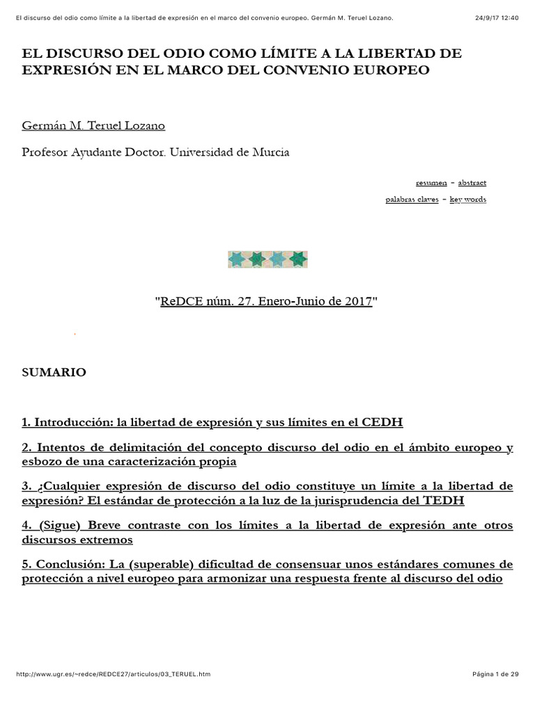 El Discurso Del Odio Como Limite A La Li | PDF | Libertad de expresión ...