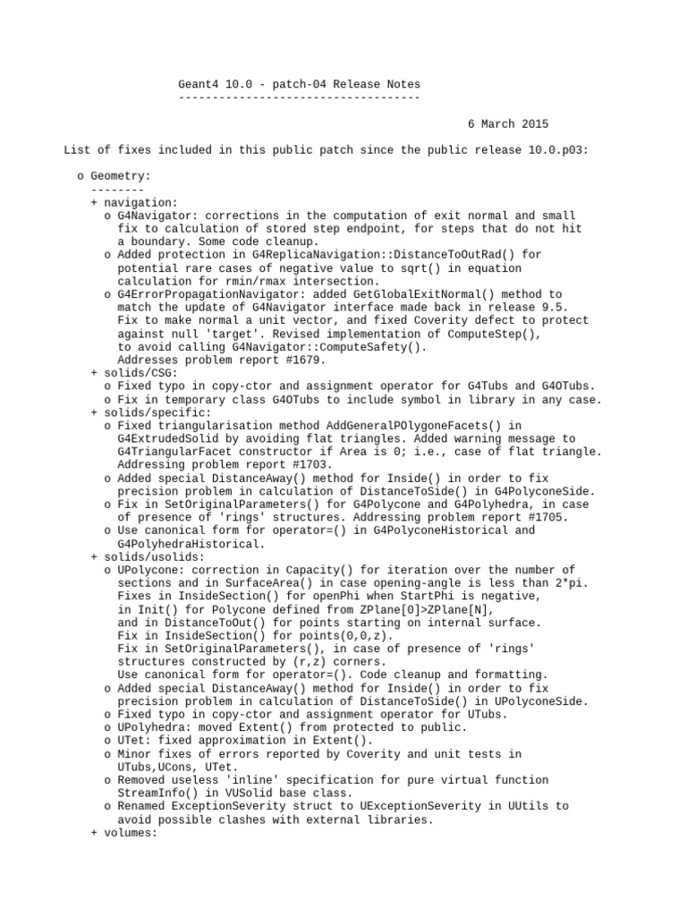 Geant4 10.0.p04 Release Notes Summary | PDF | Computing | Software ...