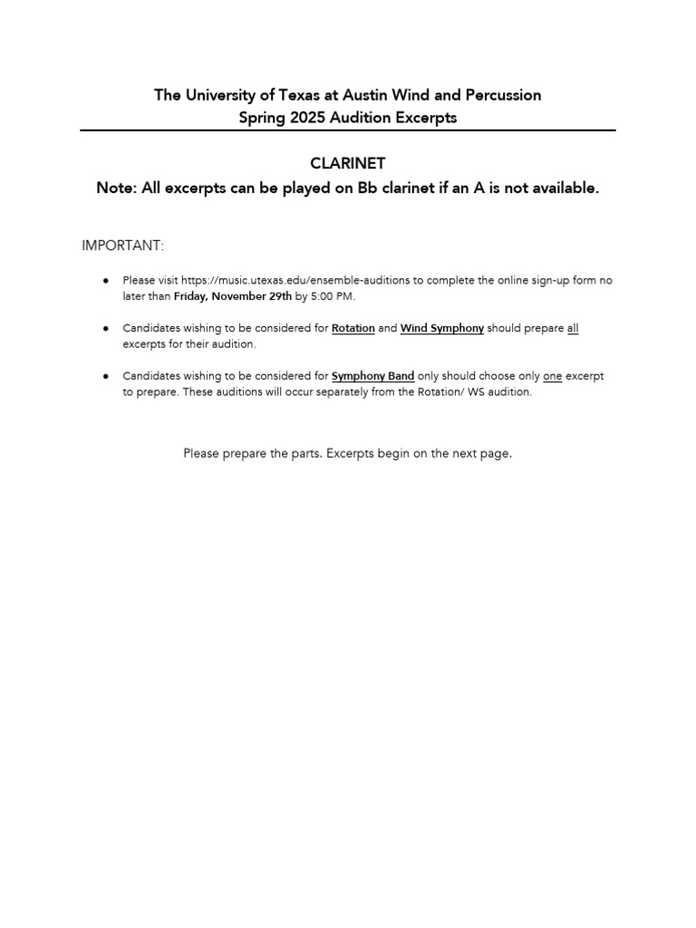 UT Austin Spring 2025 Clarinet Audition Excerpts | PDF