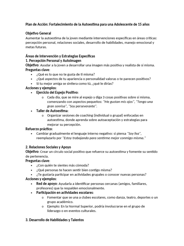 Plan de Acción para Fortalecer Autoestima | PDF | Autoestima | Las ...