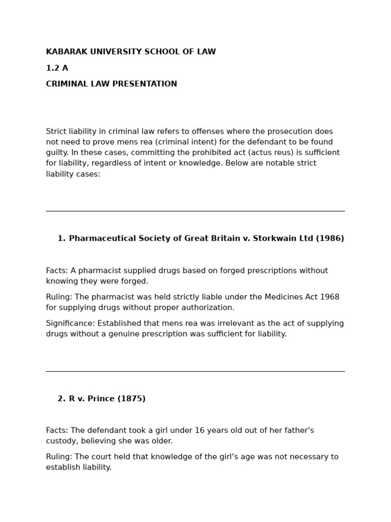 All The Cases On Strict Liability | PDF | Strict Liability | Mens Rea