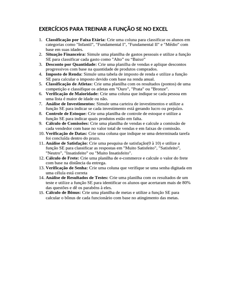 Exercícios para Treinar A Função Se No Excel | PDF