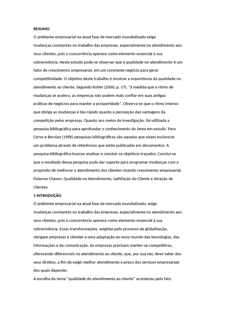 Resumo 1 | PDF | Qualidade (negócios) | Atendimento ao cliente