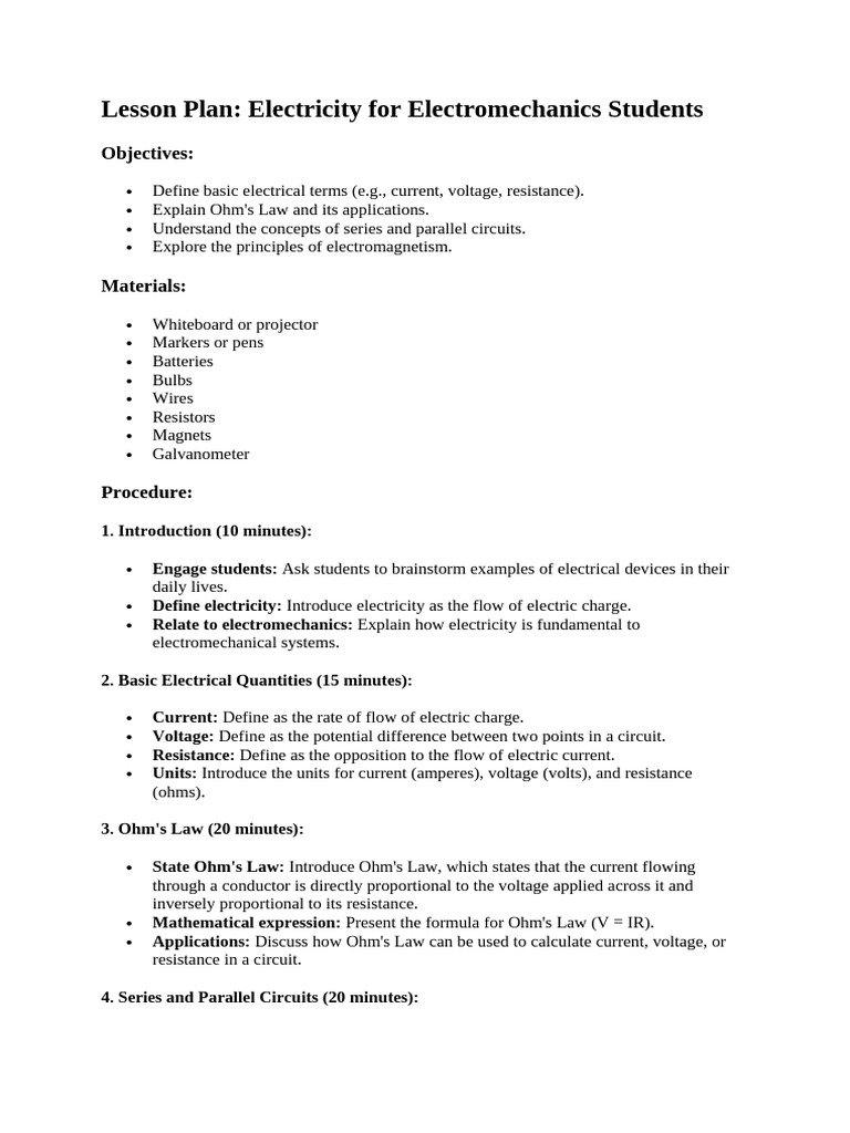 Lesson Plan ELECTRICITY | PDF | Series And Parallel Circuits | Electric ...