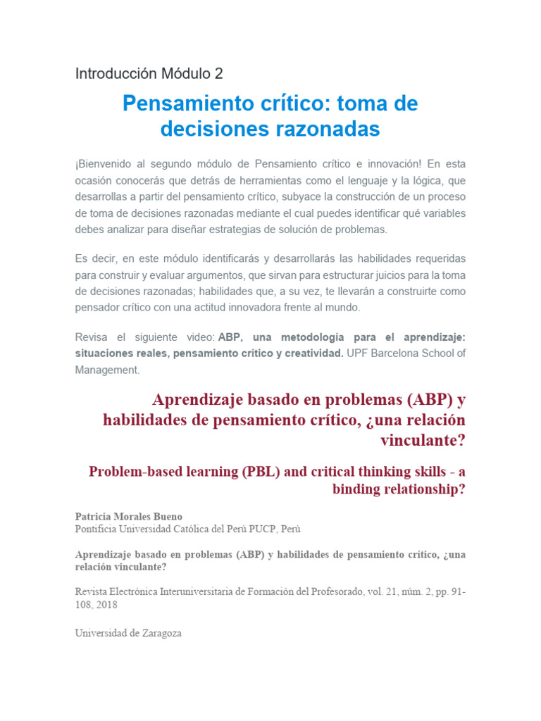 Pensamiento Crítico y ABP en Educación | PDF | Pensamiento | Plan de ...