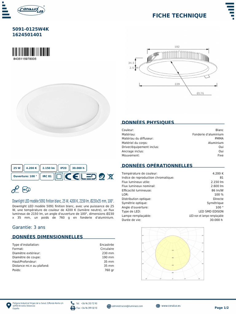Downlight LED 25W 4200K 2150lm IP20 | PDF | Diode électroluminescente ...