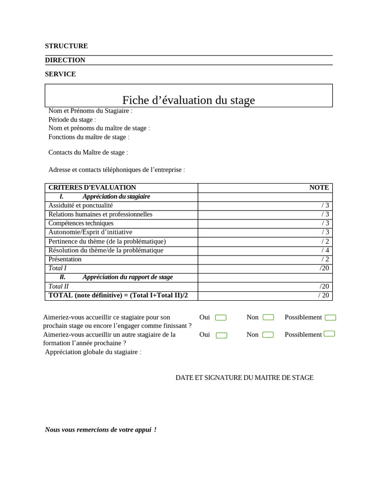 Fiche de Notation Stagiaire | PDF