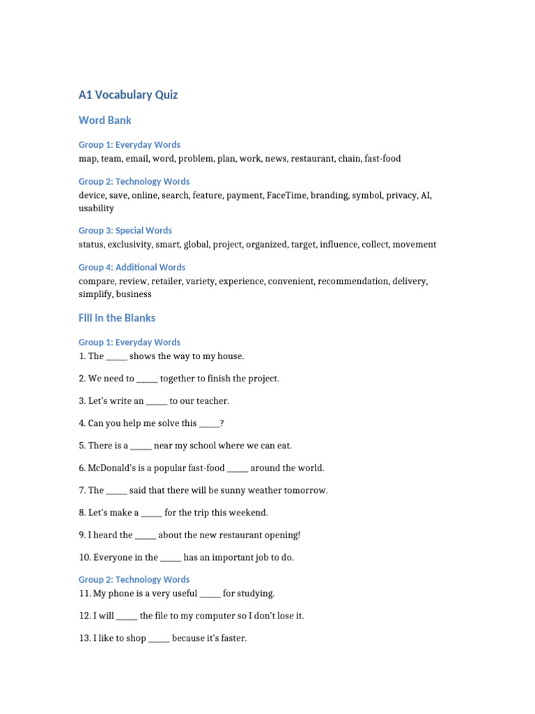 A1 Vocabulary Quiz | PDF | Mobile App