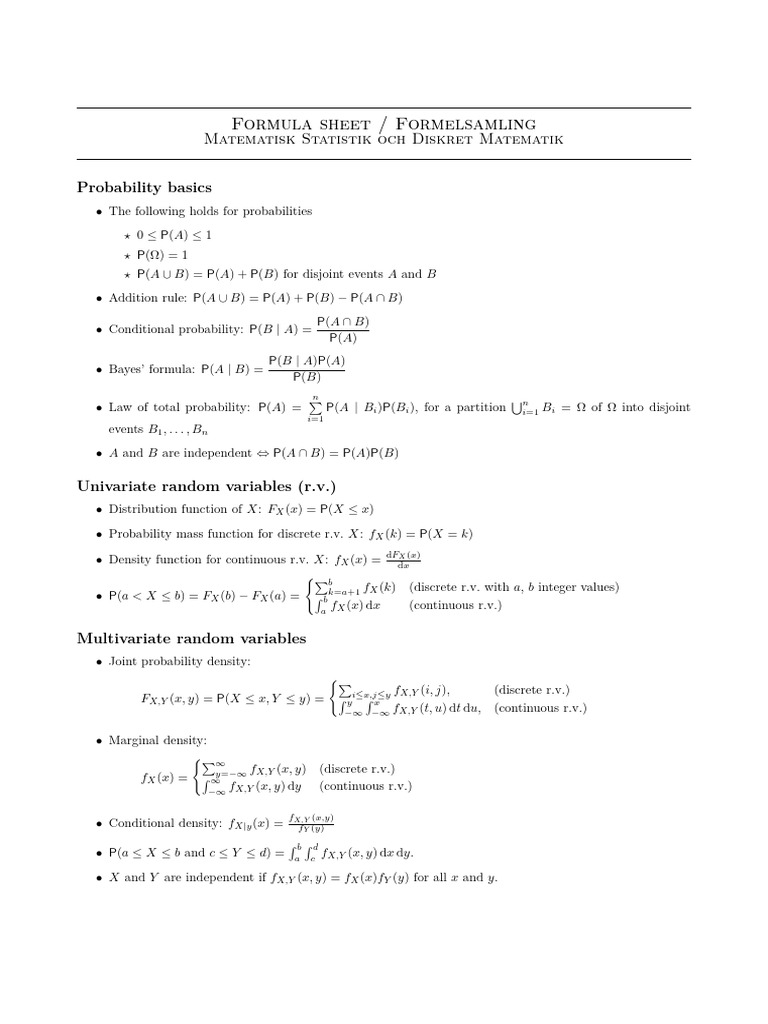 Mathematical Statistics Formula Sheet | PDF | Ordinary Least Squares ...