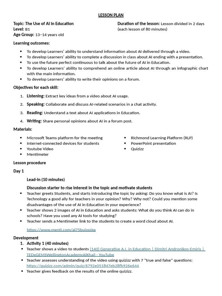 AI in Education: Lesson Plan B1 | PDF | Artificial Intelligence ...