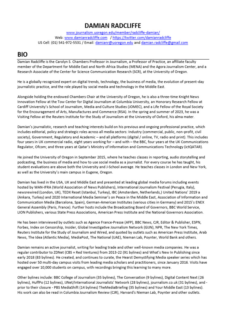 Damian Radcliffe CV Jan 2025 PDF Journalism News 