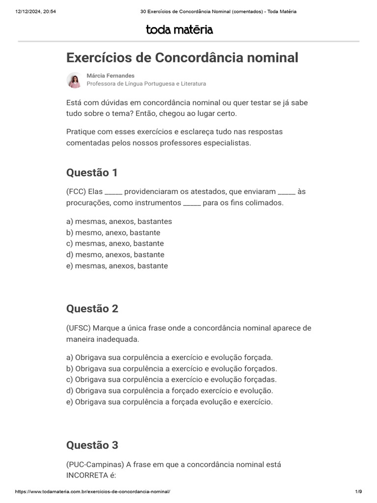 Exercícios de Concordância Nominal | PDF