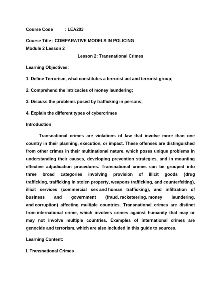 Transnational Crimes Terrorism Trafficking Pdf Human Trafficking