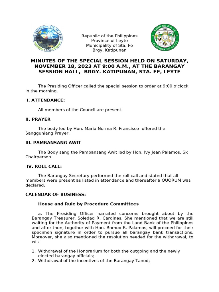 Minutes of Barangay Special Session | PDF