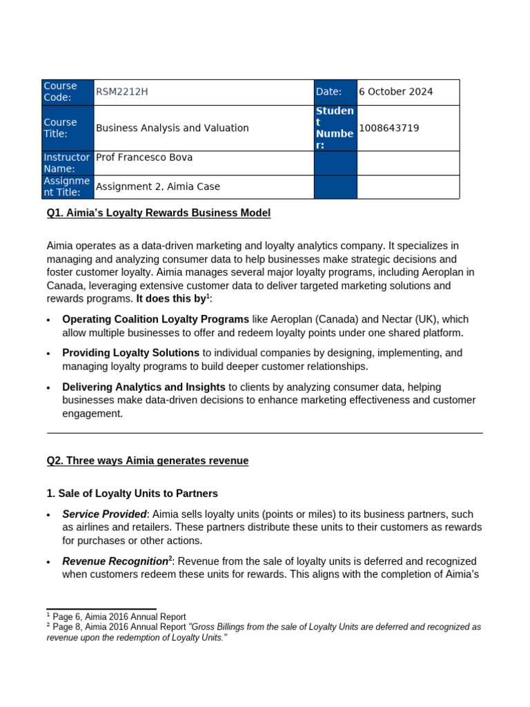 Aimia's Loyalty Business Model Insights | PDF | Inventory | Revenue